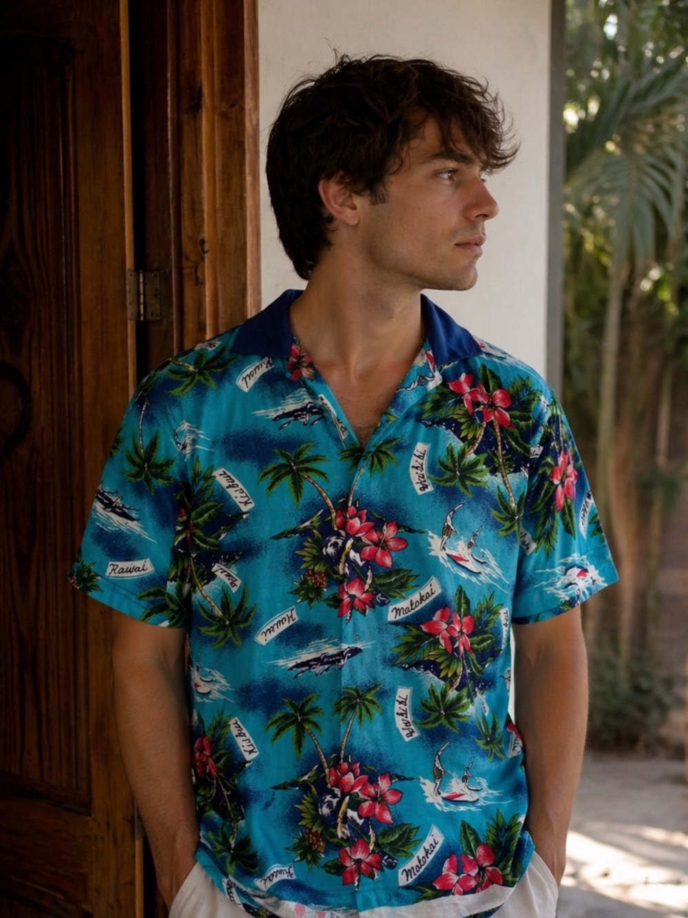 Mens‎ Medium Hawaiian Shirt Blue Tropical Palm Tree Floral Beach Polo Shirt